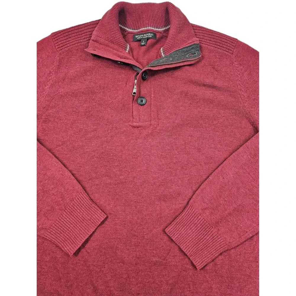 BANANA REPUBLIC Merino‎ Wool Garnet Red Mens L Mock Neck Button & Zipper Close